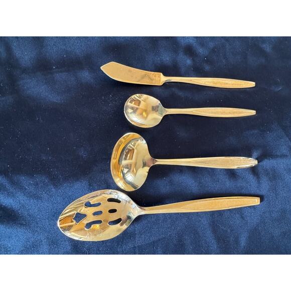 Royalton Antigua 31 PC Gold Electroplate Flatware Spoons Forks Ladle Slot Spoon+ - Picture 5 of 10
